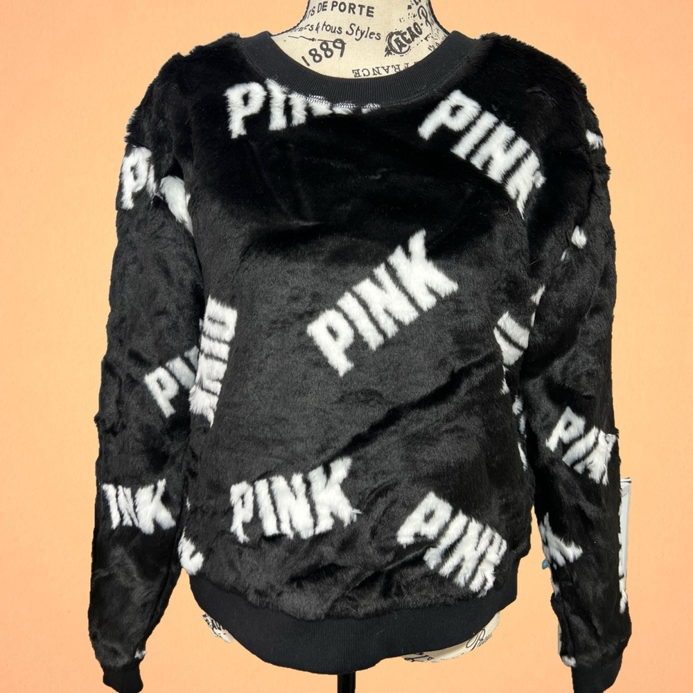 Pink VS Black Faux Fur Crewneck Pullover Sweater With White Pink Logo Small